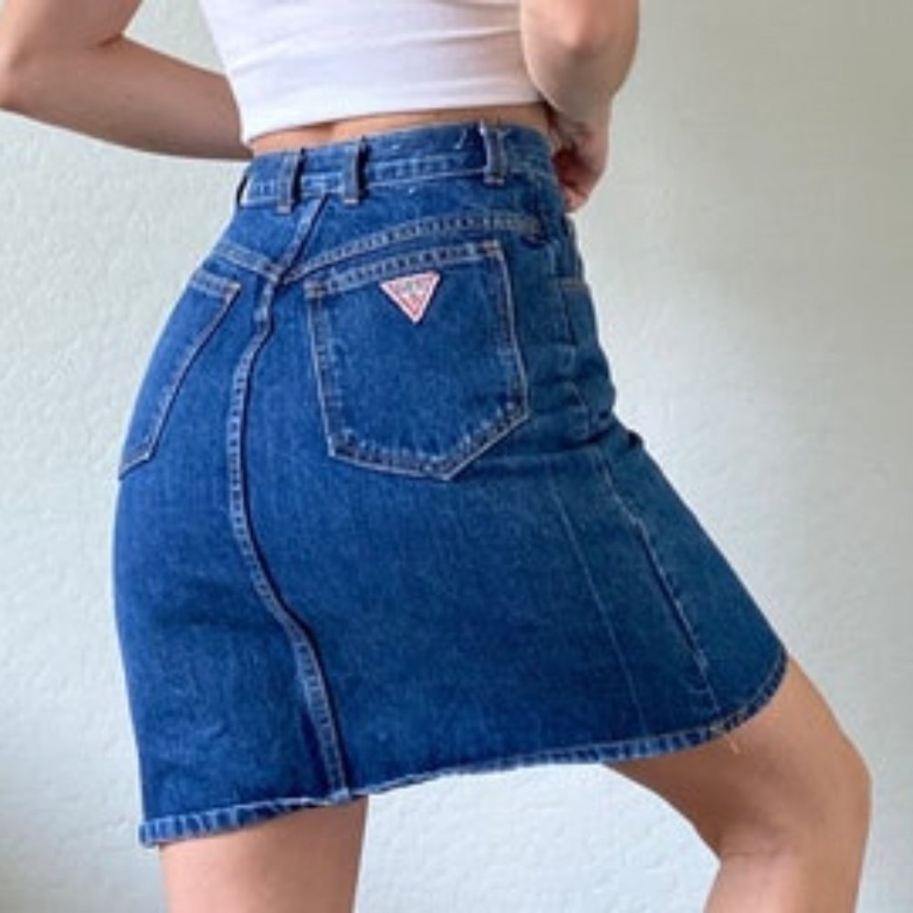Vintage Guess Frayed Denim Skirt Blue